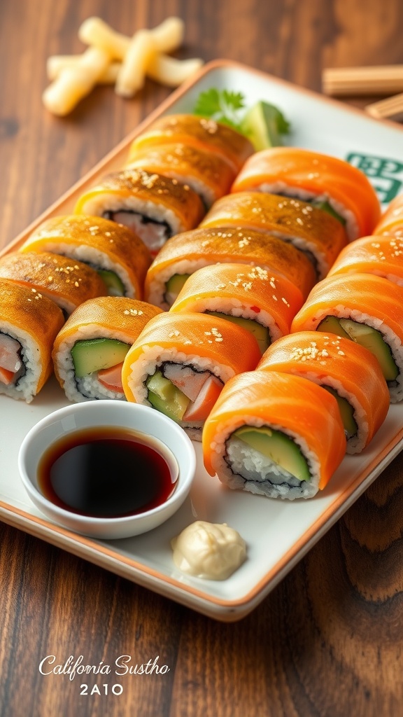 Classic California Sushi Roll Recipe California sushi rolls with avocado, cucumber, crab, garnished with sesame seeds on a wooden table.